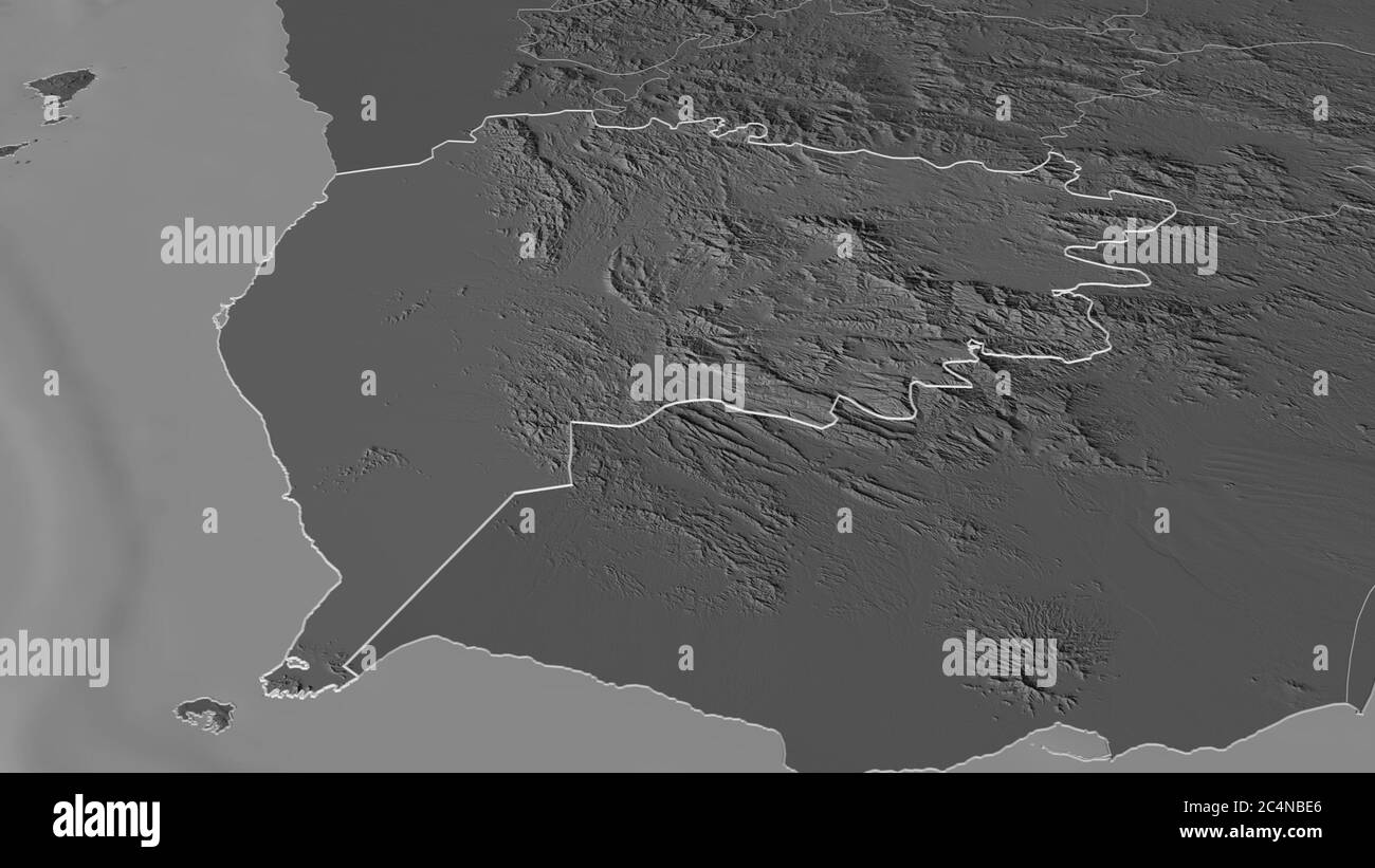 Zoom in auf Ta`izz (Gouvernement von Jemen) skizziert. Schräge Perspektive. Karte mit bilevel Höhe mit Oberflächengewässern. 3D-Rendering Stockfoto